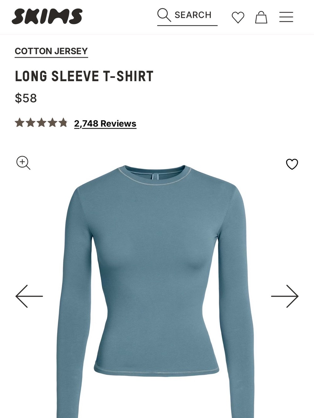 Skims Long Sleeve T-Shirt Cotton Jersey - Slate Blue